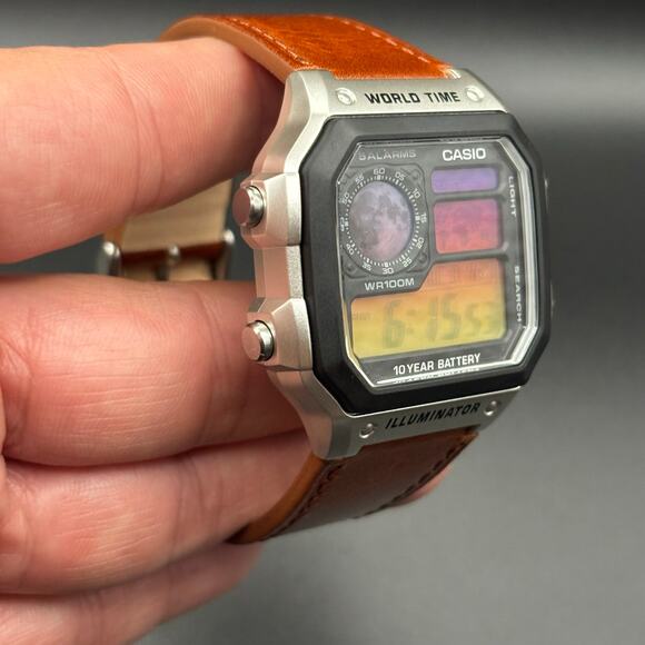 Custom Casio AE1200 Moon Eclipse Edition World Time 100m Leather Strap - Picture 13 of 17